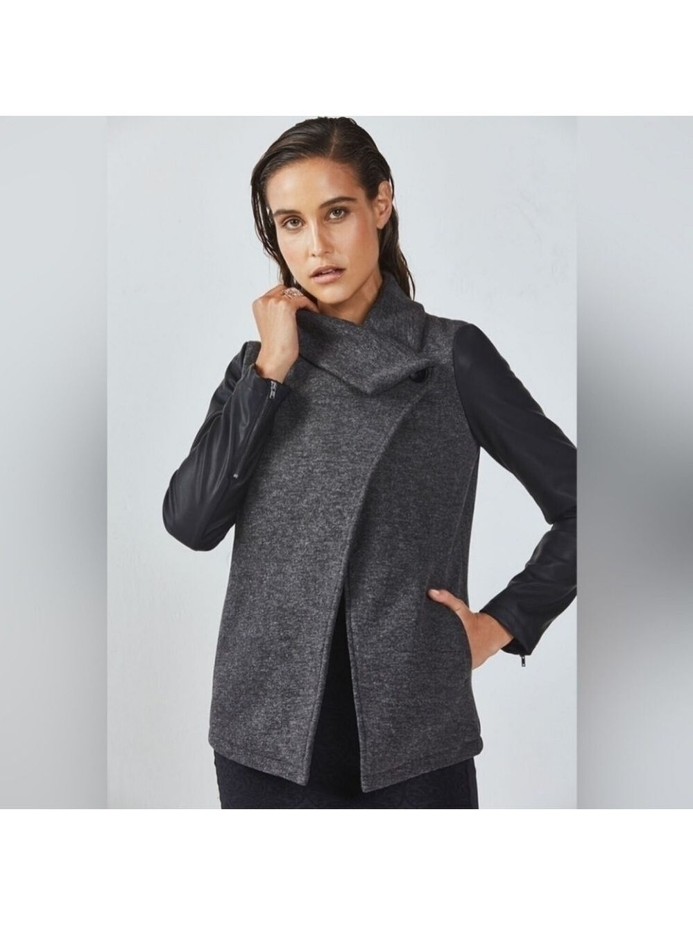 Fabletics Assymetrical Milano Coat Faux Leather Sleeves Gray Black Size Small